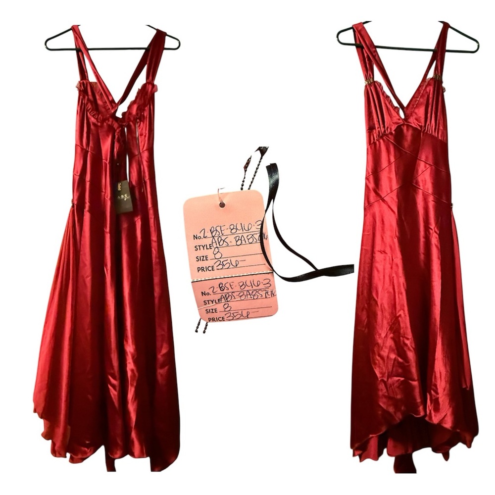 ABS Allen Schwartz Red Satin V-Neck Prom Gown